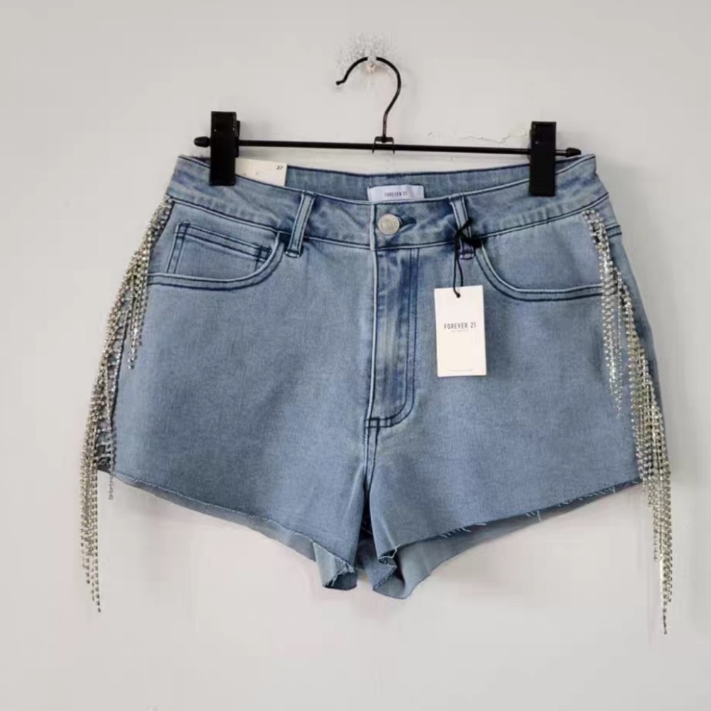 Forever 21 Light Blue Jean Shorts with Silver Fringe